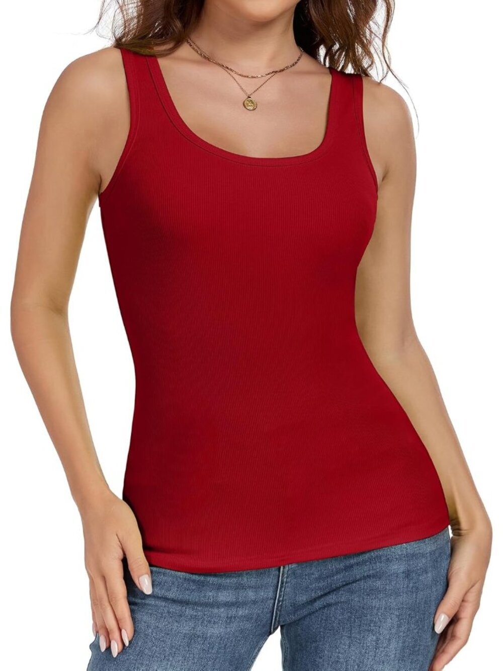 Women's Red Fitted Scoop Neck Slim Fit Summer Sleeveless Tank Top